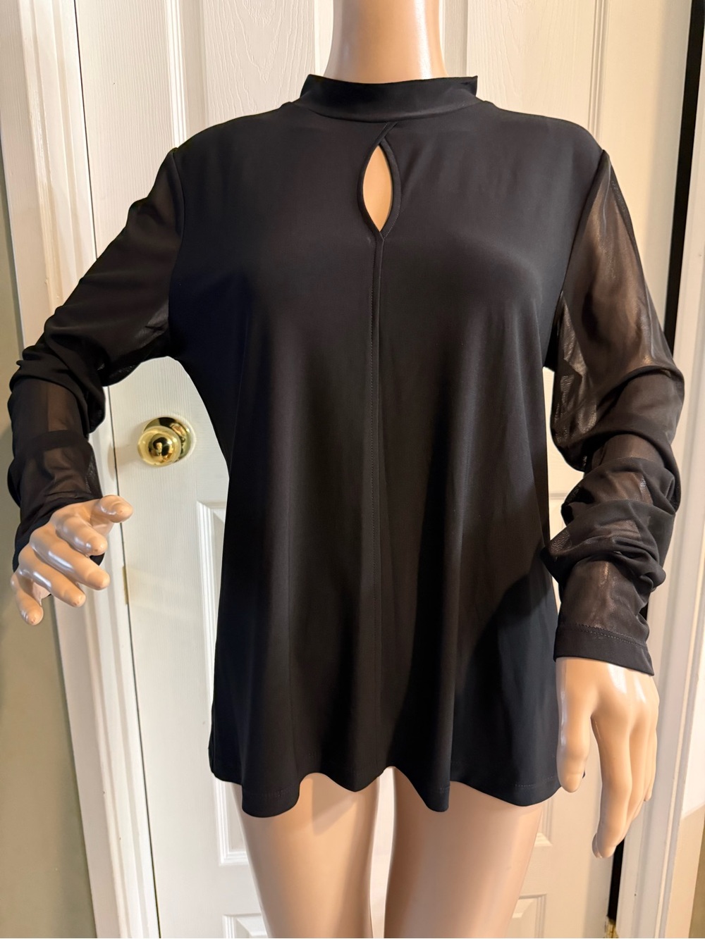 DKNY Womens L Mock Neck Blouse Top Sheer Sleeves Keyhole Black Stretch